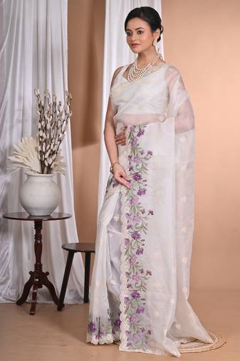 off white Pure Organza Tread Work Saree With Blouse Piece