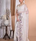 off white Pure Organza Tread Work Saree With Blouse Piece