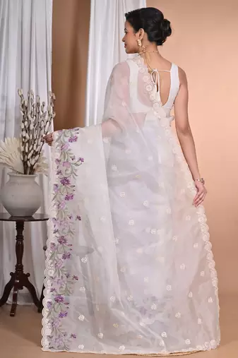 off white Pure Organza Tread Work Saree With Blouse Piece