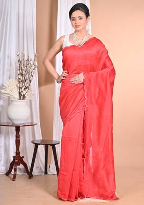 red Pure Chandari Mirror Work Saree With Blouse Piece 1