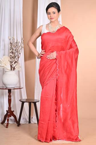 red Pure Chandari Mirror Work Saree With Blouse Piece