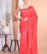 red Pure Chandari Mirror Work Saree With Blouse Piece