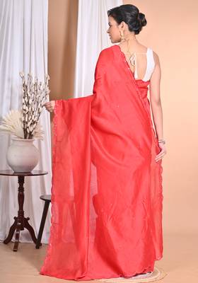 red Pure Chandari Mirror Work Saree With Blouse Piece 2