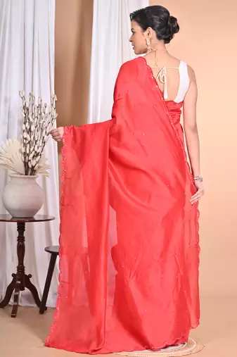 red Pure Chandari Mirror Work Saree With Blouse Piece