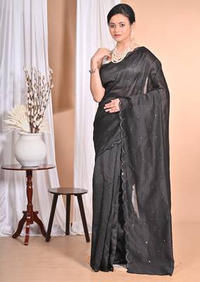 black Pure Chandari Mirror Work Saree With Blouse Piece 1