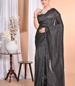 black Pure Chandari Mirror Work Saree With Blouse Piece