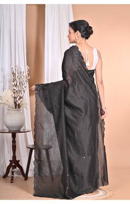 black Pure Chandari Mirror Work Saree With Blouse Piece 2
