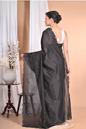 black Pure Chandari Mirror Work Saree With Blouse Piece
