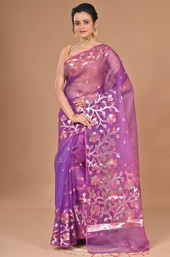 purple Organza Jamdani silk blend Saree With Blouse Piece