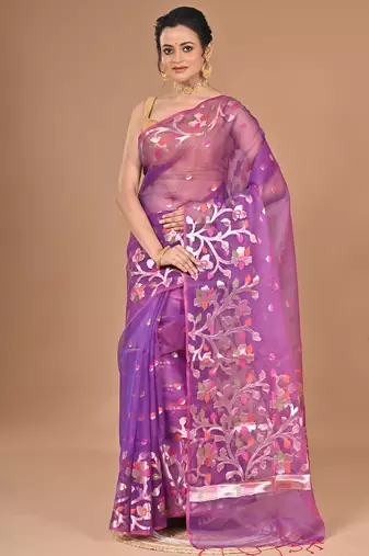 purple Organza Jamdani silk blend Saree With Blouse Piece
