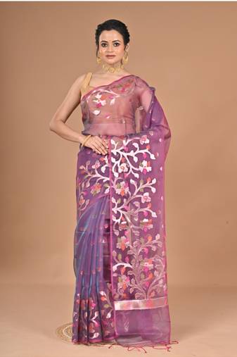 wine Organza Jamdani silk blend Saree With Blouse Piece