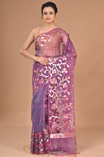 wine Organza Jamdani silk blend Saree With Blouse Piece