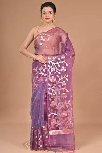 wine Organza Jamdani silk blend Saree With Blouse Piece