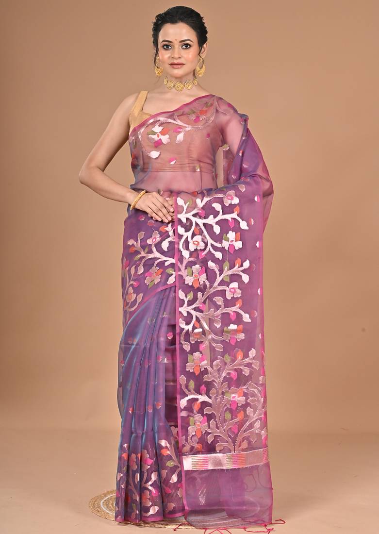wine Organza Jamdani silk blend Saree With Blouse Piece