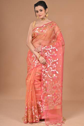 peach Organza Jamdani silk blend Saree With Blouse Piece