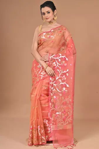 peach Organza Jamdani silk blend Saree With Blouse Piece