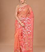 peach Organza Jamdani silk blend Saree With Blouse Piece