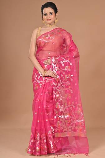 Pink Organza Jamdani silk blend Saree With Blouse Piece