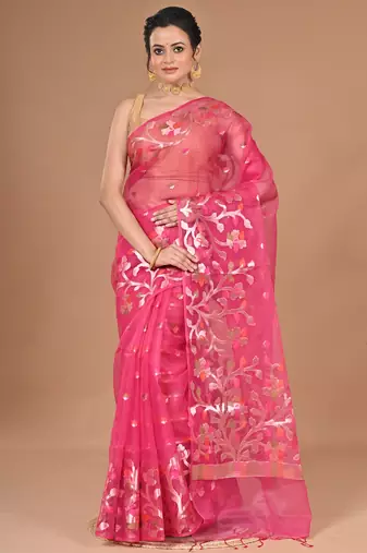 Pink Organza Jamdani silk blend Saree With Blouse Piece