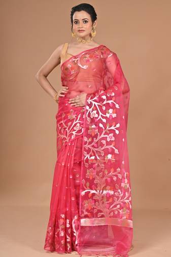rust Organza Jamdani silk blend Saree With Blouse Piece