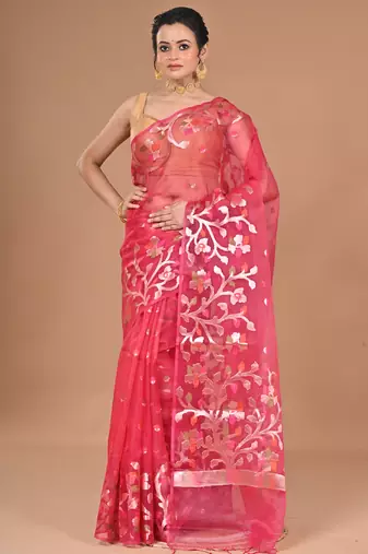 rust Organza Jamdani silk blend Saree With Blouse Piece