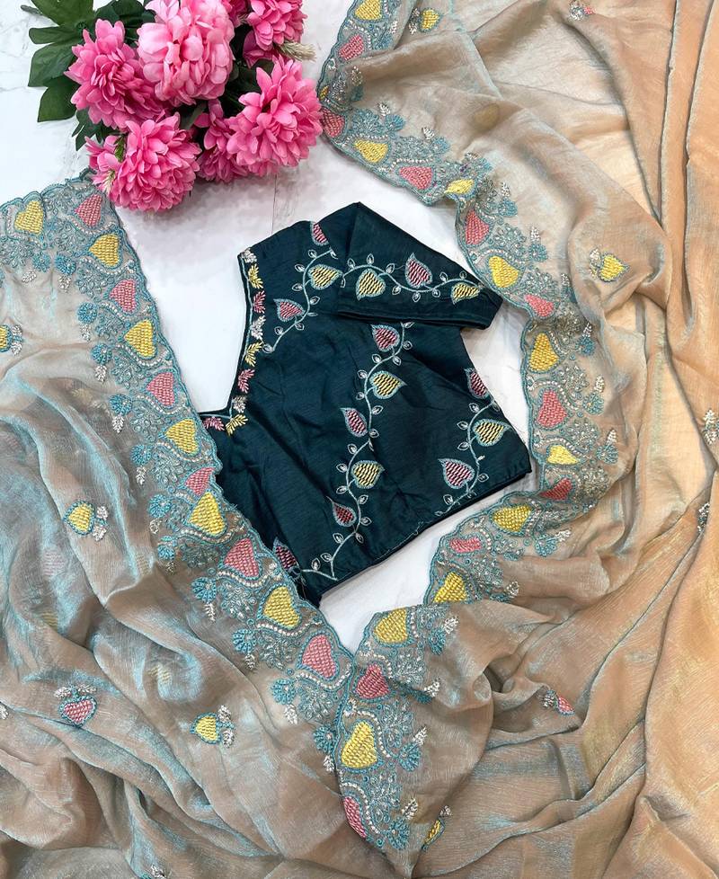 beige fendy silk blend embroidered saree with stitched blouse