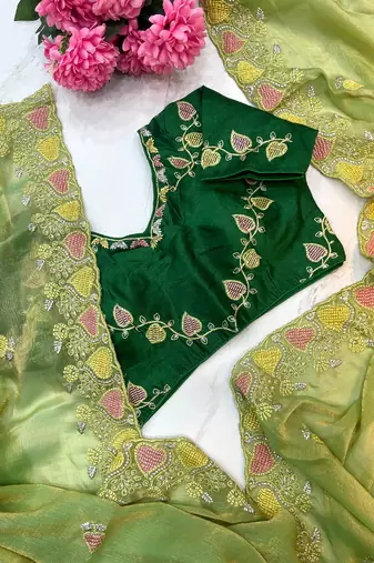 green fendy silk blend embroidered saree with stitched blouse