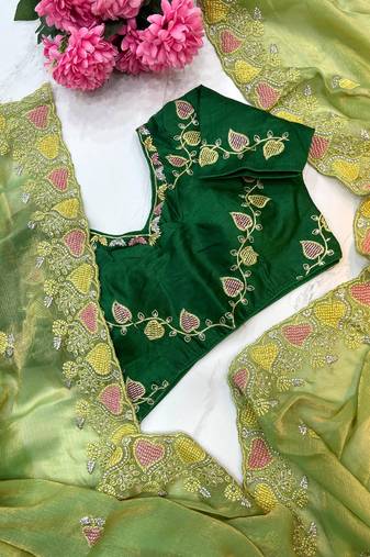 green fendy silk blend embroidered saree with stitched blouse