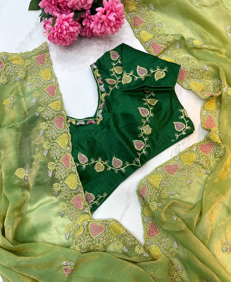 green fendy silk blend embroidered saree with stitched blouse