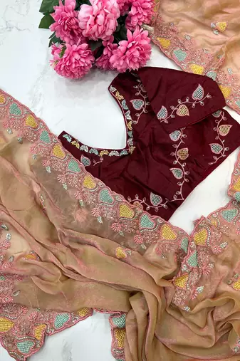 orange fendy silk blend embroidered saree with stitched blouse