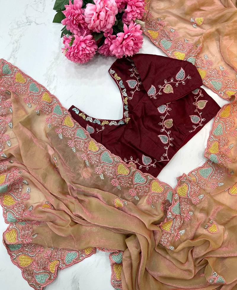 orange fendy silk blend embroidered saree with stitched blouse