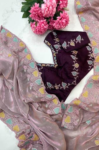 pink fendy silk blend embroidered saree with stitched blouse