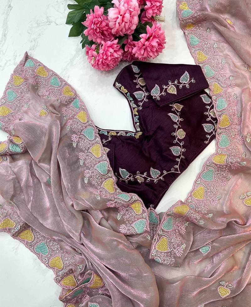 pink fendy silk blend embroidered saree with stitched blouse