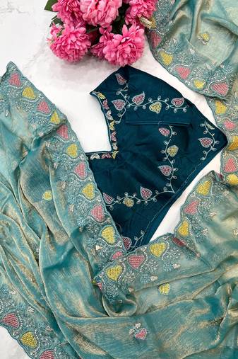 sky blue fendy silk blend embroidered saree with stitched blouse