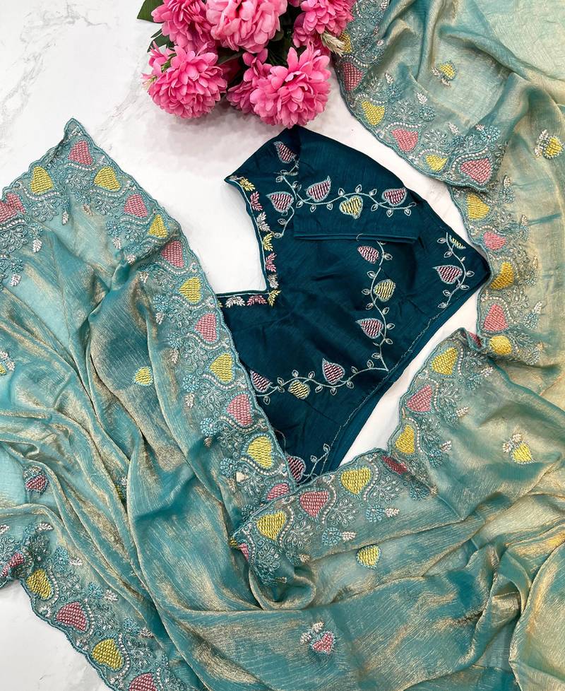 sky blue fendy silk blend embroidered saree with stitched blouse