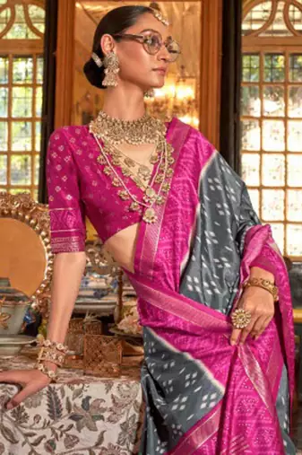 Grey silk blend printed saree with unstitched blouse