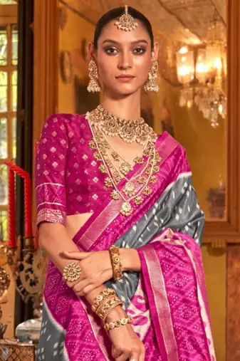 Grey silk blend printed saree with unstitched blouse