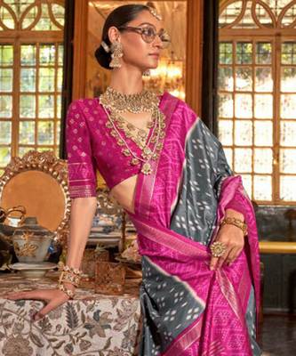 Grey silk blend printed saree with unstitched blouse 5
