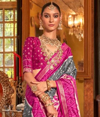 Grey silk blend printed saree with unstitched blouse 7