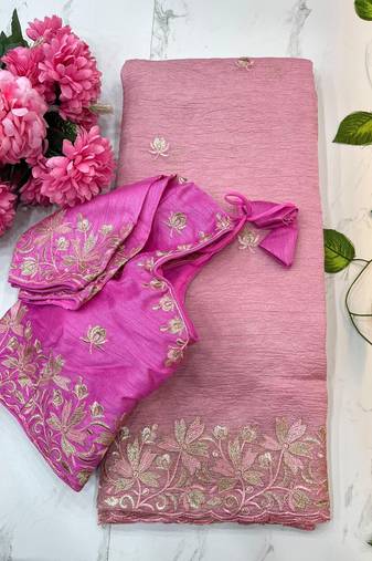 candy crush pink embroidered saree with stitched blouse