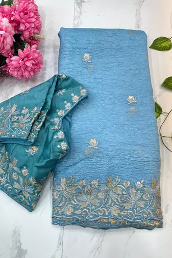 candy crush sky blue embroidered saree with stitched blouse