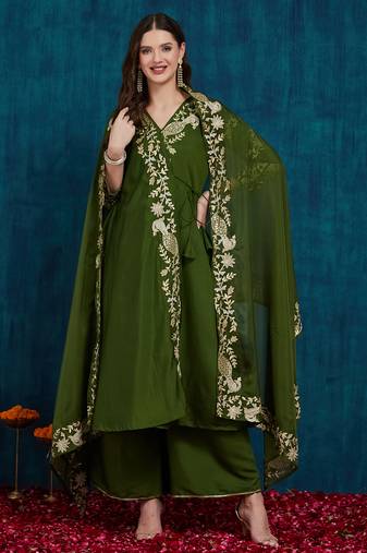 women's elegant angrakha style anarkali kurti set with embroidered dupatta