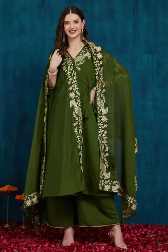 women's elegant angrakha style anarkali kurti set with embroidered dupatta