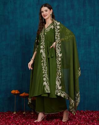 women's elegant angrakha style anarkali kurti set with embroidered dupatta 2