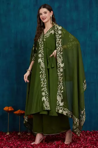 women's elegant angrakha style anarkali kurti set with embroidered dupatta