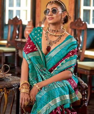 Maroon silk blend printed saree with unstitched blouse 2