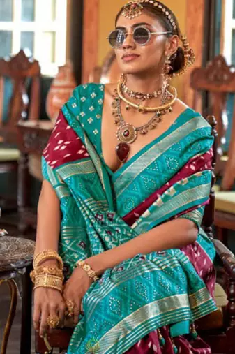 Maroon silk blend printed saree with unstitched blouse