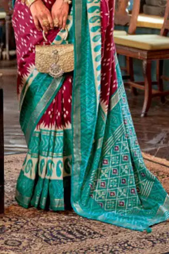 Maroon silk blend printed saree with unstitched blouse