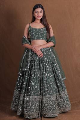 Olive Green Zari sequin Embroidered Georgette Indian designer lehenga choli dress 1