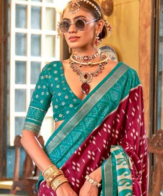 Maroon silk blend printed saree with unstitched blouse 4